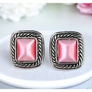 Vintage Earrings Antique Silver Tone Pink Moonglow Clip On  2R